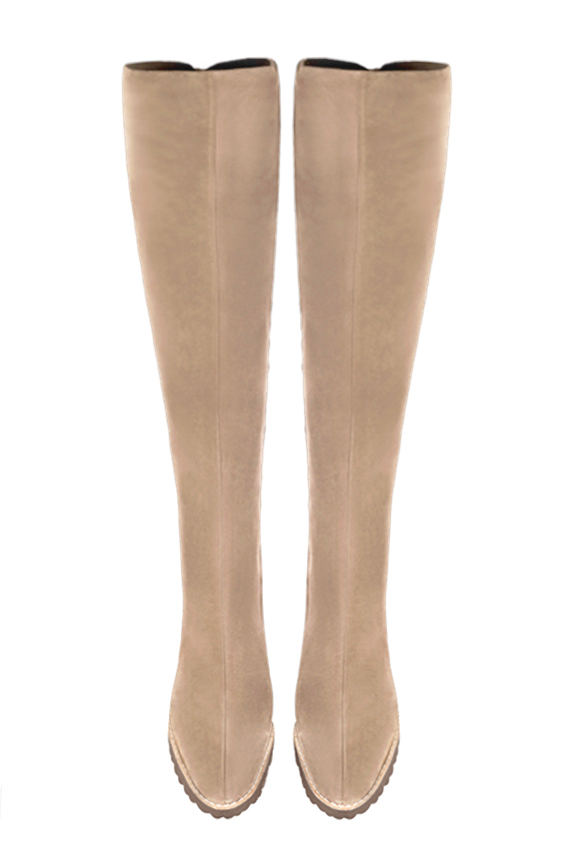 Tan beige women's leather thigh-high boots. Round toe. Flat rubber soles. Made to measure. Top view - Florence KOOIJMAN